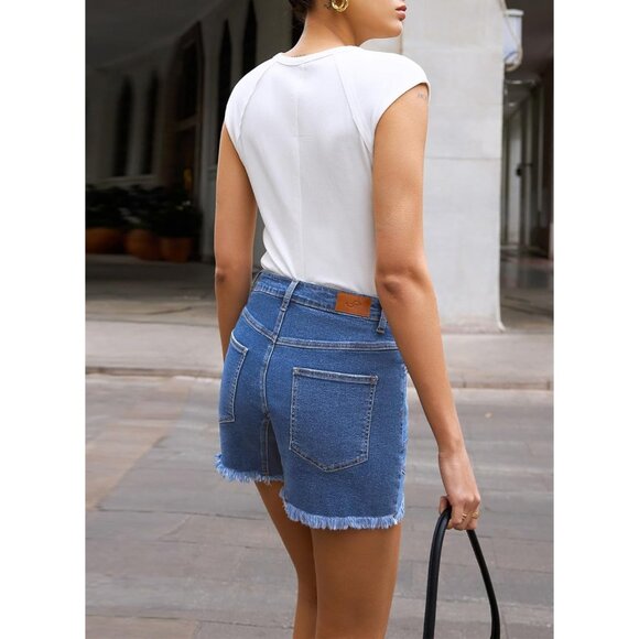 Womens Denim Shorts High Waisted Stretchy Raw Hem Pockets Casual Summer - Picture 4 of 6